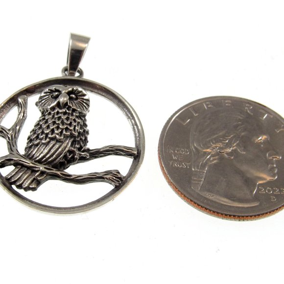 Solid 925 Sterling Silver Owl Perched on Branches Pendant - Nature Jewelry - Picture 5 of 8